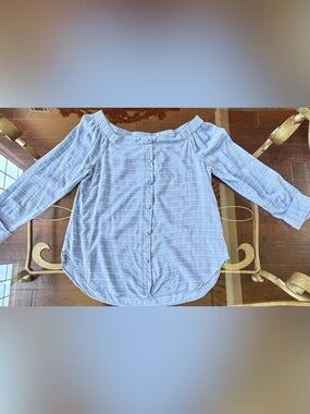Light Blue Off-Shoulder Windowpane Button-Back Blouse with French cuffs